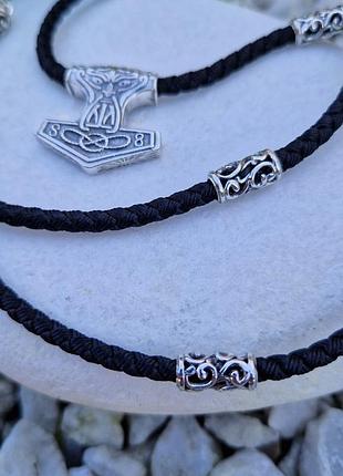Серебряный подвес "молот тора" (мьёльнир) и шнурок с резными вставками 925 ° пробы 60 см