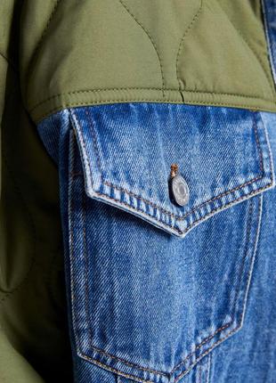 Стильна стьогана куртка хакі комбінована джинсовка5 фото