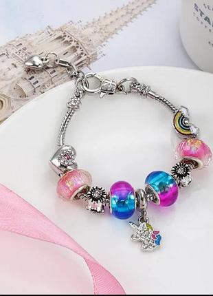 Браслет женский с яркими шармиками💜🤍💖