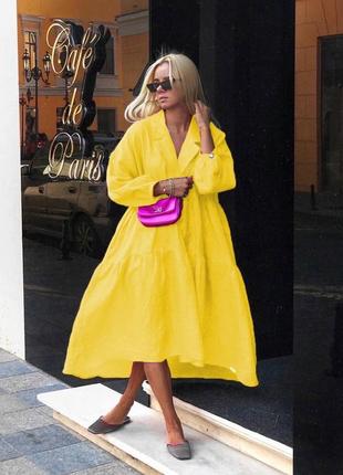 Льняний сарафан довгий якісний плаття парашут льон сукня вільна широка натуральна легка літня оверсайз міді максі розширена жовта зелена рожева малина5 фото