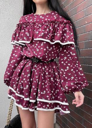 Платье с кружевом с длинным рукавом в цветочный принт короткая мини платье с цветами легкое весеннее многослойная базовая черная9 фото