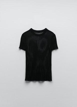 Трендовая черная прозрачная футболка в рубчик zara топ в рубчик с короткими рукавами зара6 фото
