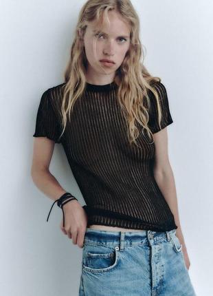 Трендовая черная прозрачная футболка в рубчик zara топ в рубчик с короткими рукавами зара2 фото