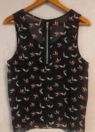 Блузка с птичками, черный топ, блуза без рукаков rose2 фото