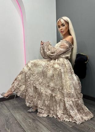 Женское платье бежевое длинное, платье шифоновое, миди, в стиле dior