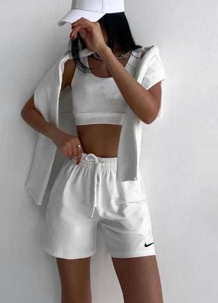 Женский костюм классический спортивный спорт повседневный удобный качественный шорты шортики и кофта + футболка белая
