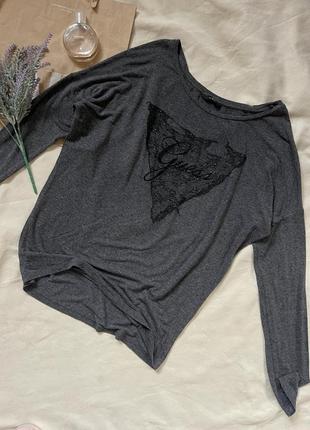 Брендовая серая кофта со стразиками, лонгслив от guess