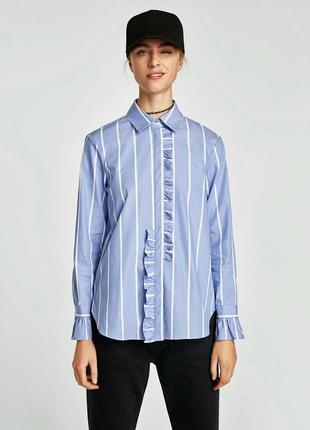 Смугаста сорочка бавовняна блуза в смужку з попліну з оборками від zara