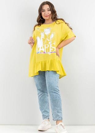 Стильна жовта футболка з малюнком туніка великий розмір батал оверсайз