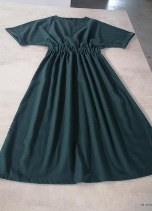 Хит продаж!! темное зеленое платье миди из смеси льна2 фото