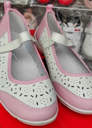 Кожаные туфли балетки для девочки белые, розовые весна лето  35(22,5)36(23)4 фото