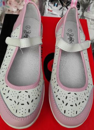 Кожаные туфли балетки для девочки белые, розовые весна лето  35(22,5)36(23)6 фото