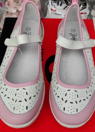 Кожаные туфли балетки для девочки белые, розовые весна лето  35(22,5)36(23)7 фото