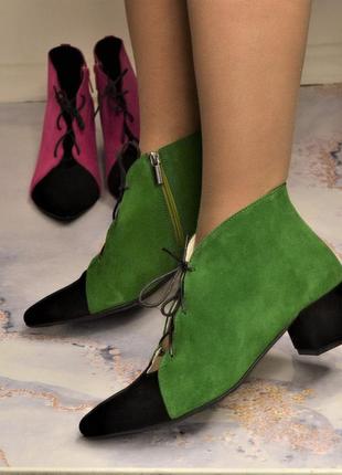 Туфли лодочки замшевые кожаные с острым носком зеленые на низком каблуке 4см6 фото