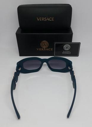 Окуляри в стилі versace сонцезахисні унісекс бірюзово сині з золотим логотипом в упаковці5 фото