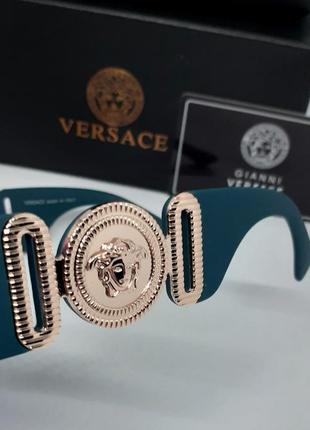 Окуляри в стилі versace сонцезахисні унісекс бірюзово сині з золотим логотипом в упаковці10 фото