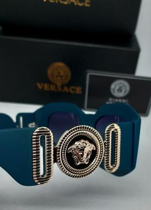 Окуляри в стилі versace сонцезахисні унісекс бірюзово сині з золотим логотипом в упаковці9 фото