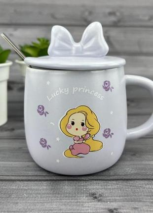 Керамічна чашка з кришкою та ложкою princess лілова