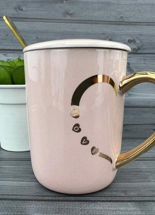 Керамическая чашка с крышкой и ложкой half heart розовая