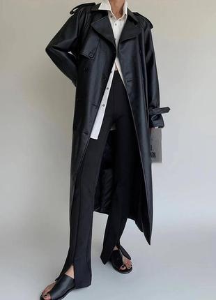 Женский кожаный удлиненный тренч, пальто черное, плащ