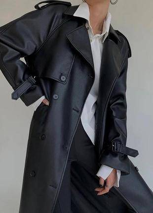 Женский кожаный удлиненный тренч, пальто черное, плащ3 фото