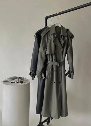 Женский кожаный удлиненный тренч, пальто черное, плащ6 фото