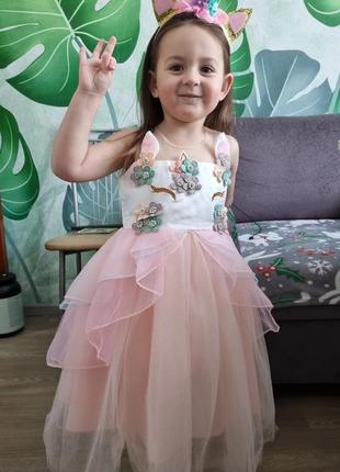 Детское новое красивое пышное платье единорог розовое для девочки на 2 3 года на день рождения праздник гости фотосессия