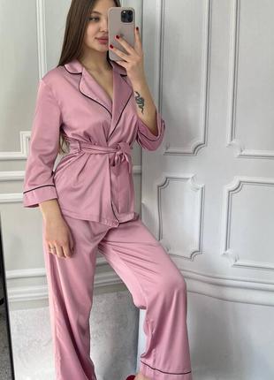 Изысканный домашний костюм. шелковый домашний костюм. шелковая  рубашка с поясом и штаны . шелковый укороченный халат и штаны