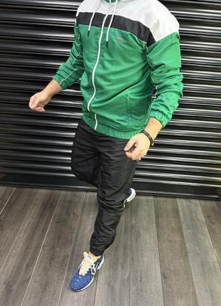 Чоловічий спортивний костюм lacoste чорний/зелений (вітровка + штани)6 фото