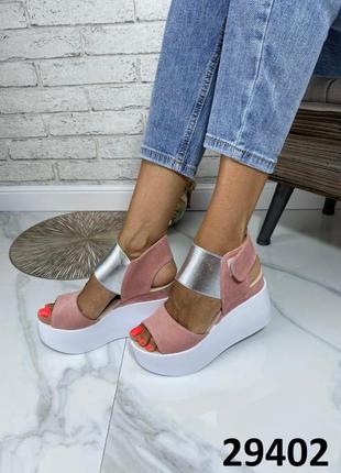 Женские босоножки на танкетке/ платформе из натуральной кожи и замши6 фото