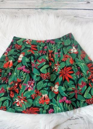 Мини-юбка zara с цветочным принтом, тропический принт, мини, зеленая4 фото