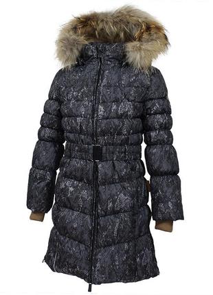 Пальто зимнее для девочек теплое huppa yasmine черный с принтом 12020055-73209