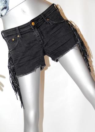 Черные джинсовые короткие шорты с бахромой бренд h&m8 фото