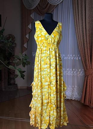 Желтое платье макси с принтом1 фото