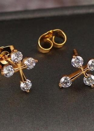 Сережки гвоздики xuping jewelry хрестики з камінцями на кінцях 1.2 см золотисті2 фото