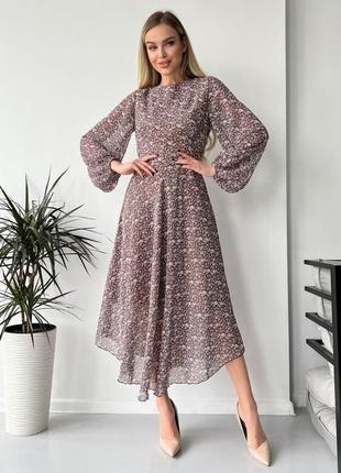Коричневое цветочное легкое платье из шифона