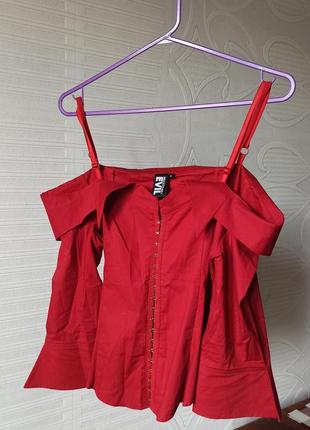 Червона сорочка зі спущениими плечима з імітацією корсету, топ