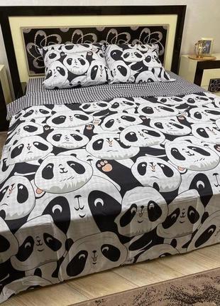 Комплект постельного белья натуральный двухсторонний  бязь голд  панда по черно - белого цвета