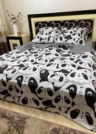 Комплект постельного белья натуральный двухсторонний  бязь голд  панда по черно - белого цвета3 фото
