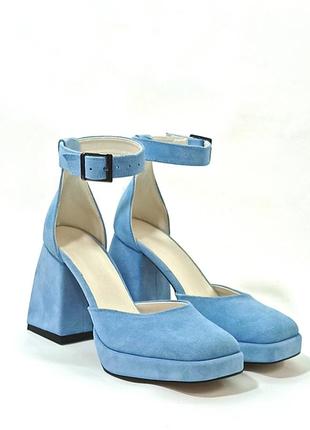 Туфли замшевые голубые на высоком каблуке 9см