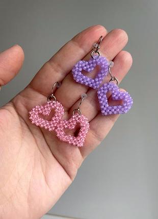 Комплект из бисера сердечки, серьги из бисера сердечко