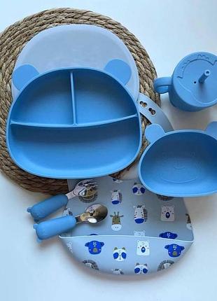 Дитячий набір силіконового  посуду для першого прикорму  для хлопчика синій