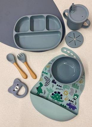 Набор детской силиконовой посуды для прикорма на присосках для мальчика (тарелка на присоске,слюнявчик і тд.)