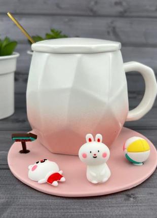 Керамическая чашка с крышкой и ложкой summer time розовая
