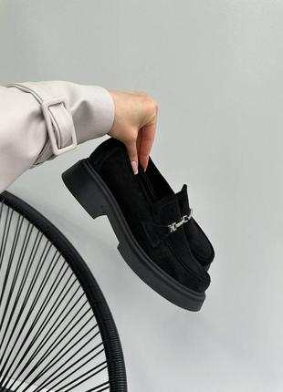 Туфли женские лоферы замшевые черные, натуральная замша, фабричные