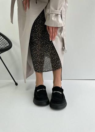 Туфли женские лоферы замшевые черные, натуральная замша, фабричные