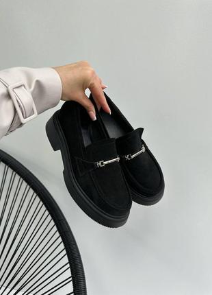 Туфли женские лоферы замшевые черные, натуральная замша, фабричные
