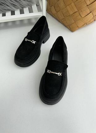 Туфли женские лоферы замшевые черные, натуральная замша, фабричные