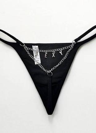 Плавки трусики бикини стринги черные с цепочкой надпись sexy4 фото