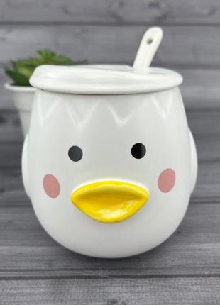 Керамічна чашка з кришкою та ложкою ducky face біла2 фото